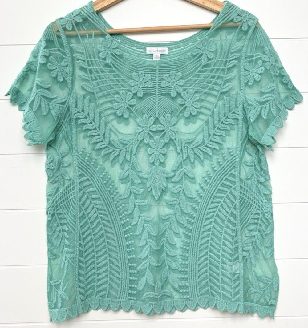 Charming Charlie Embroidered Sheer Floral Lace Mesh Top S Scalloped Aqua Green